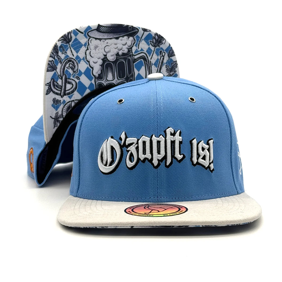 Leoly O'zapft is Snapback Cap in blau mit 3D Stick auf der Vorderseite und einem schönen Design unter dem Schirm.
