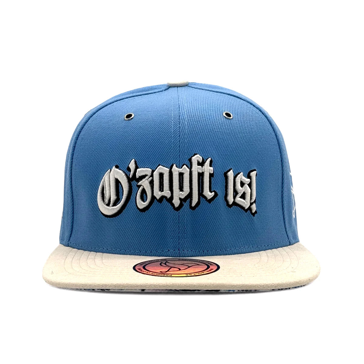 Frontansicht der Leoly O'zapft is Snapback Cap, die das markante Logo mit 3D-Stickerei zeigt.